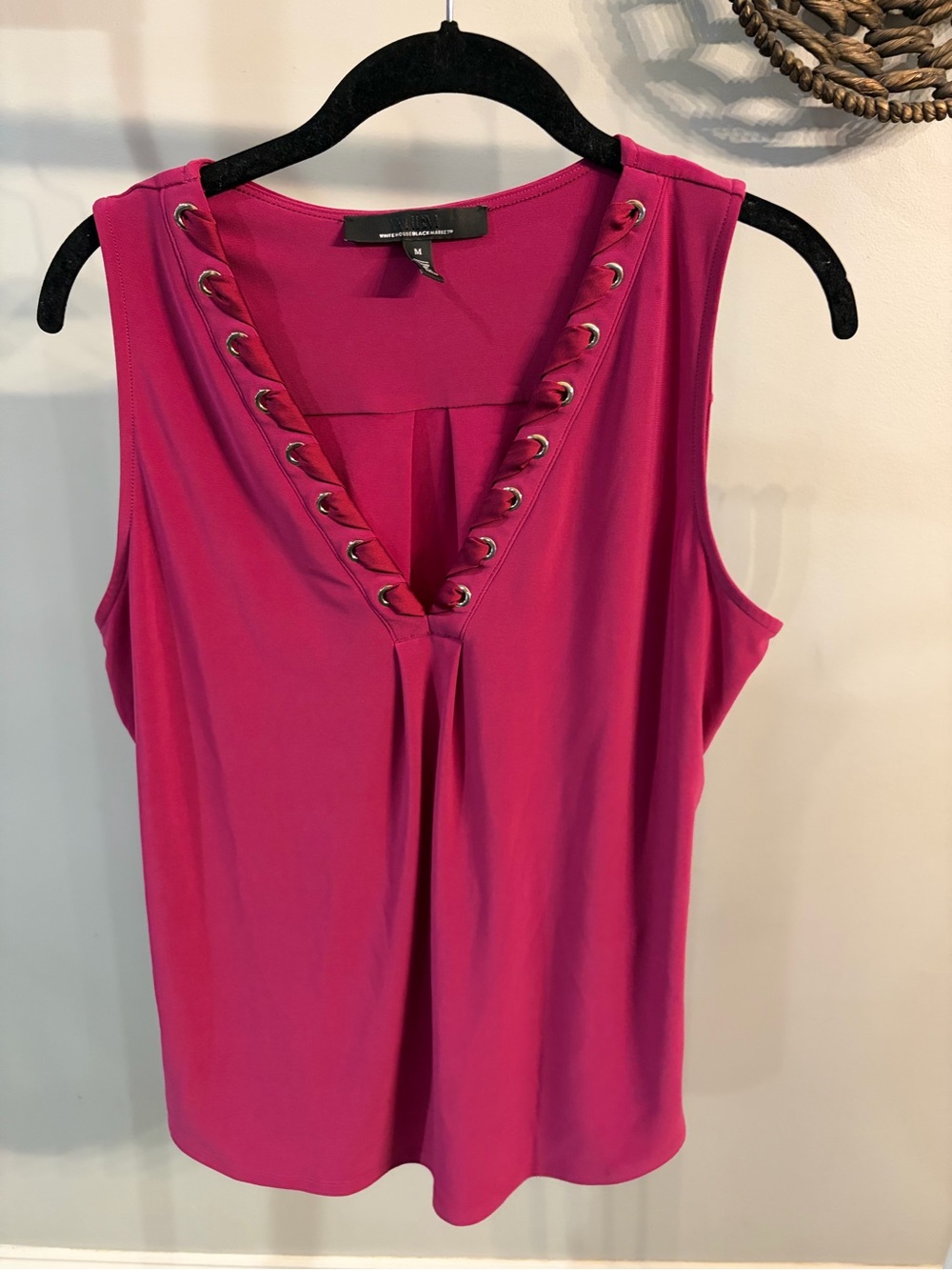White House Black Market Magenta Grommet-Trim Sleeveless Tank pleated back -Med.